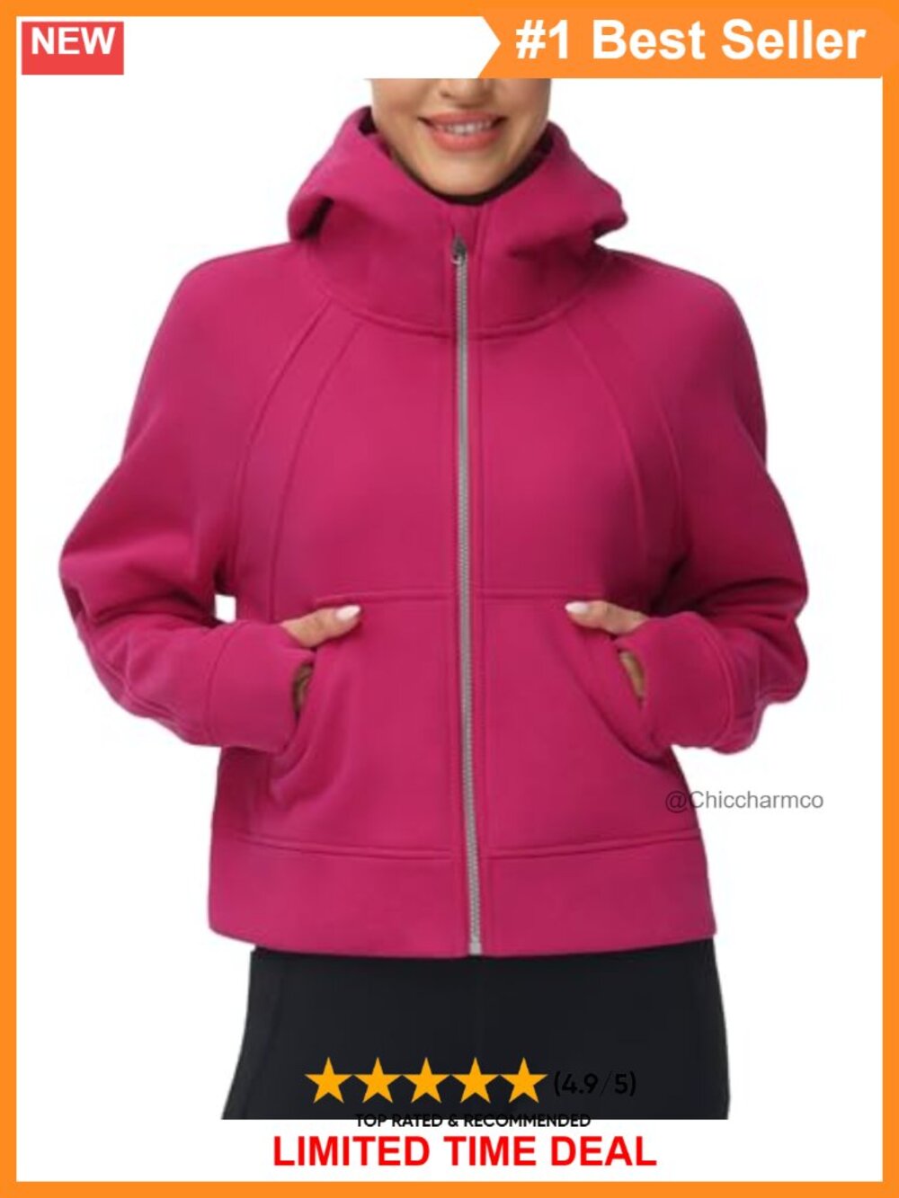Fleece Lined Full Zip Hoodie Crop Sweatshirt Thumb Holes Kangaroo Pocket